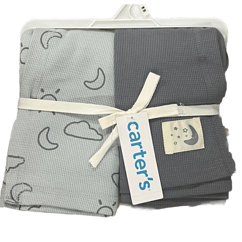 CARTER'S Thermal Baby Blanket Set Blue Moon And Sky Soft Cotton 2 Piece New